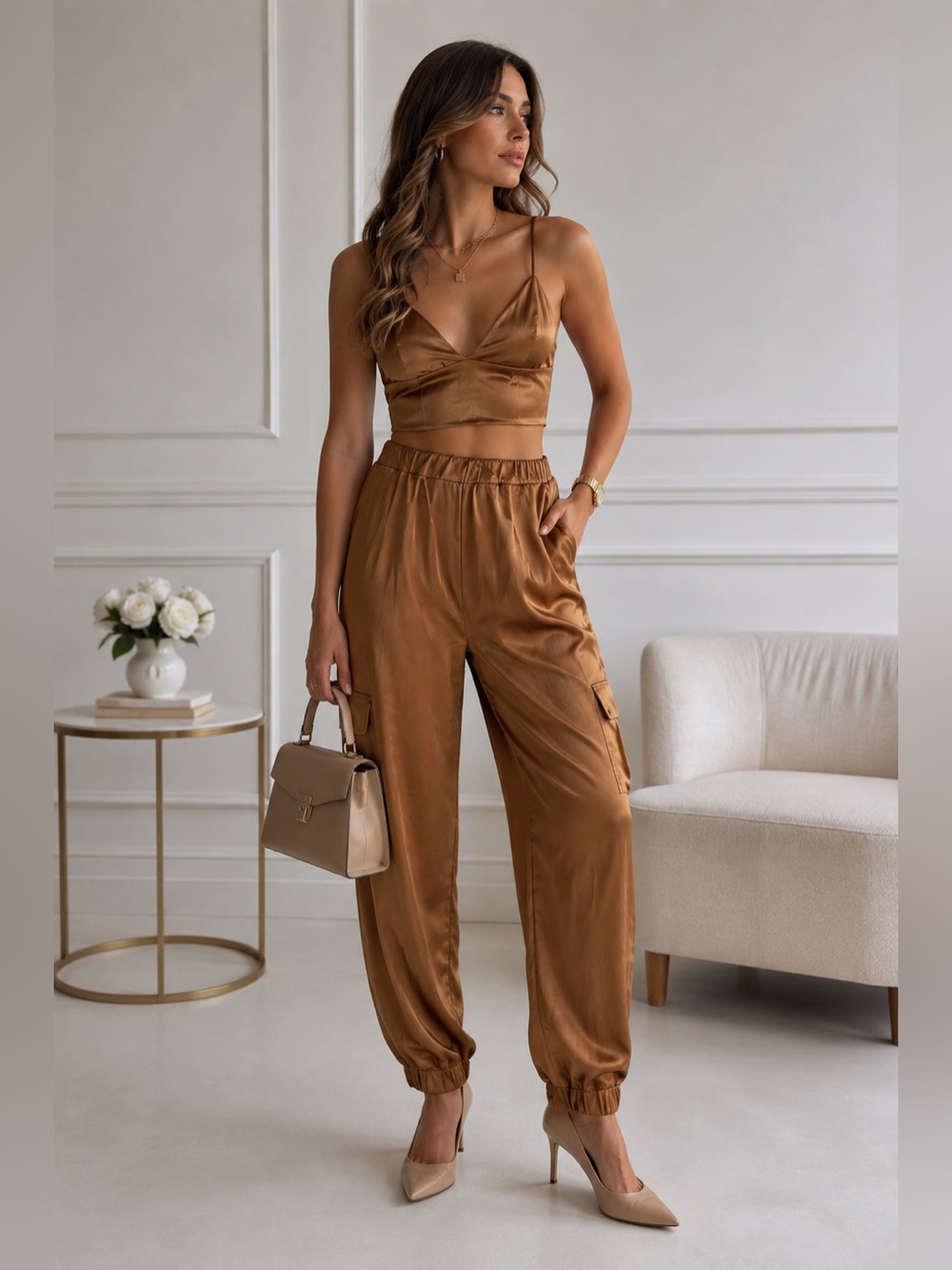 Zara Brown Satin Cargo Joggers with Matching Crop Top